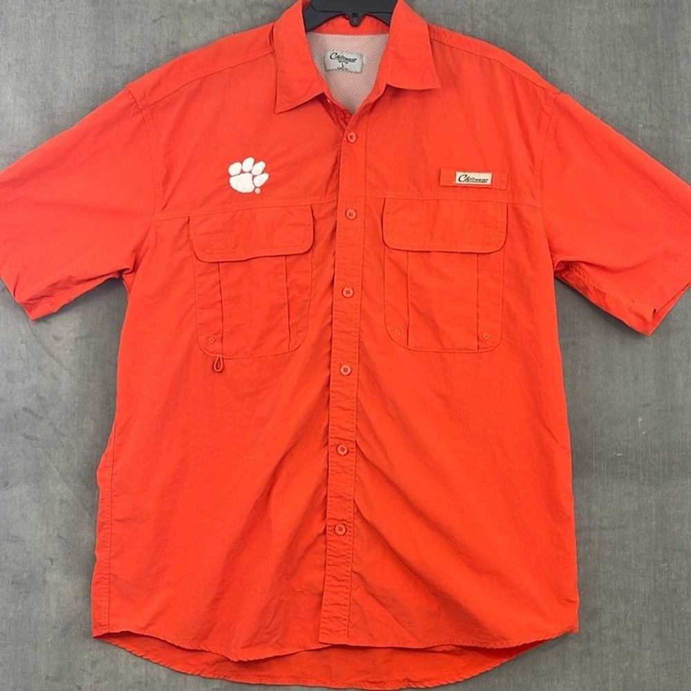 Clemson‎ Tigers Mens Large Fishing Shirt Orange Short Sleeve Nylon Chiliwear